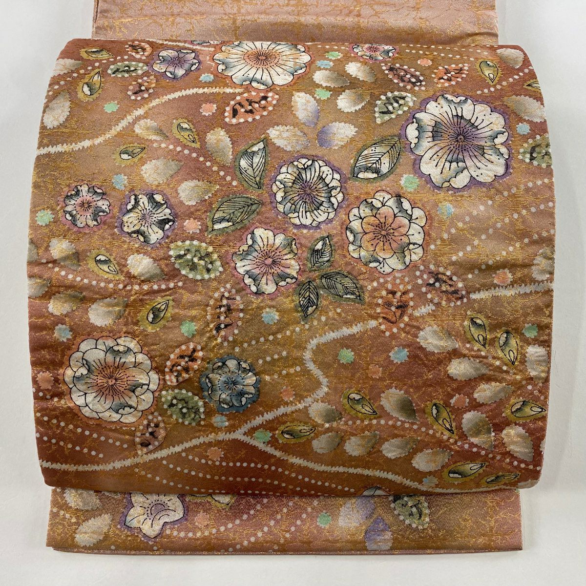 袋帶 美品 名品級 辻花染圖案 金金箔 粉米色 大鼓圖案 純蠶絲