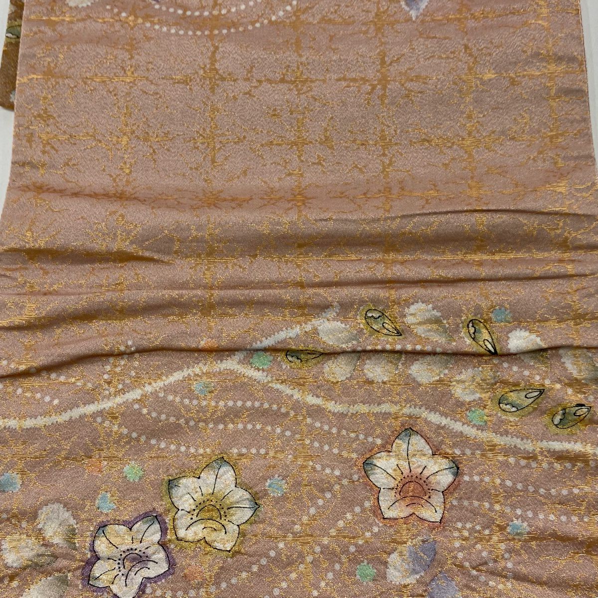 袋帶 美品 名品級 辻花染圖案 金金箔 粉米色 大鼓圖案 純蠶絲