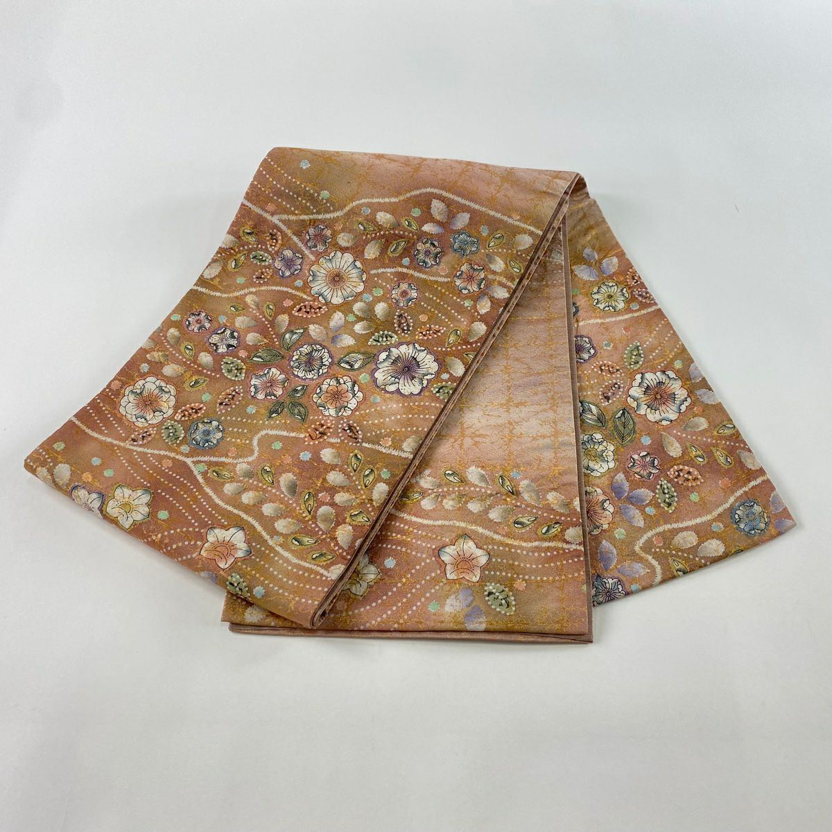 袋帶 美品 名品級 辻花染圖案 金金箔 粉米色 大鼓圖案 純蠶絲