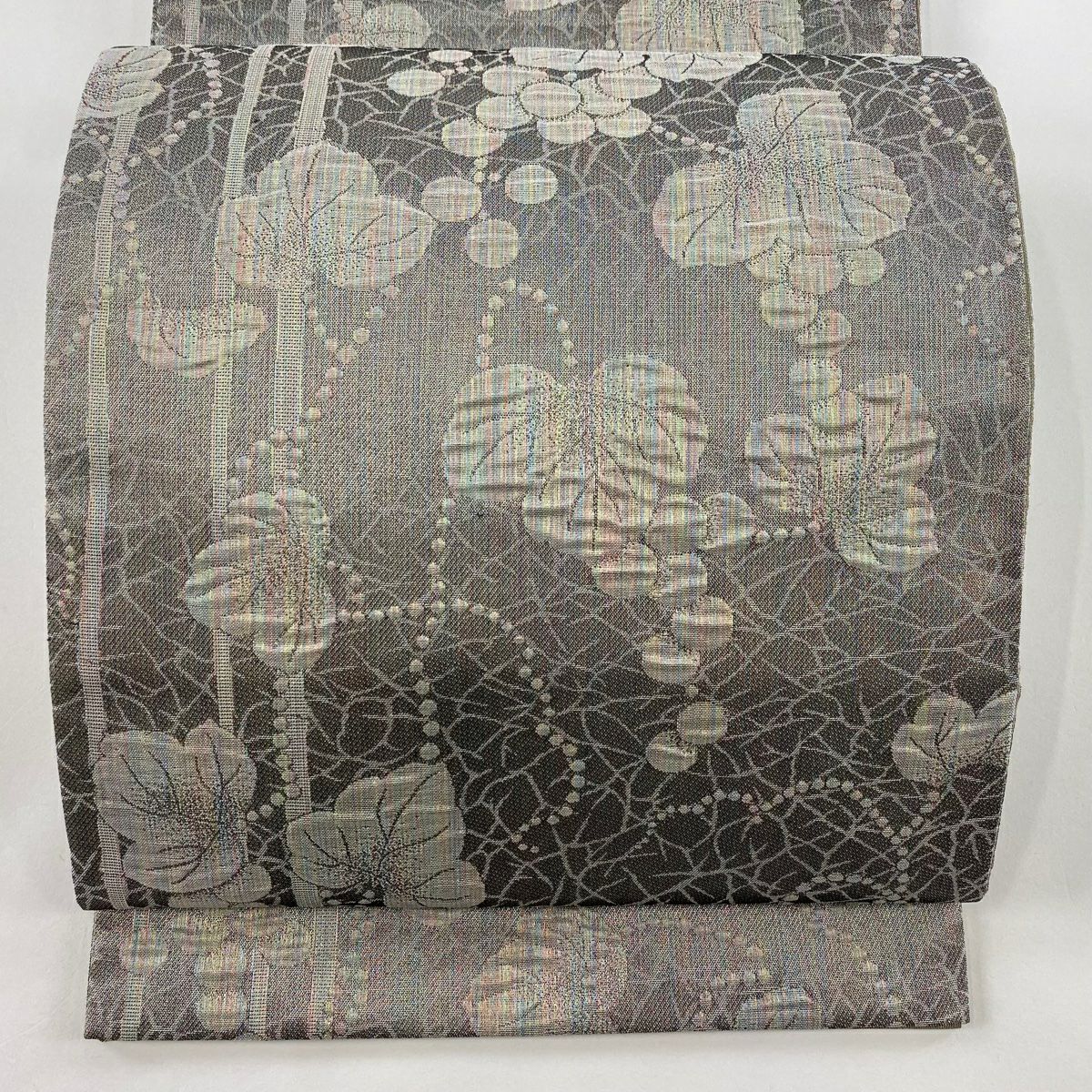 袋帶 美品 名品級 葡萄 銀糸 灰 全通 純蠶絲