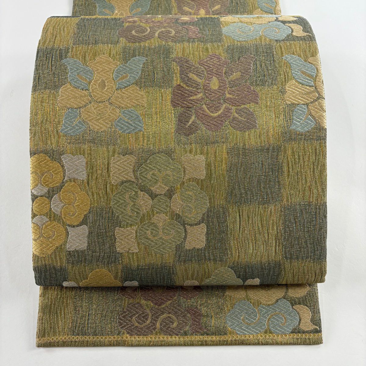 袋帶 美品 秀品級 市松樹 華紋 唐織 金絲 茶綠 六通 純蠶絲