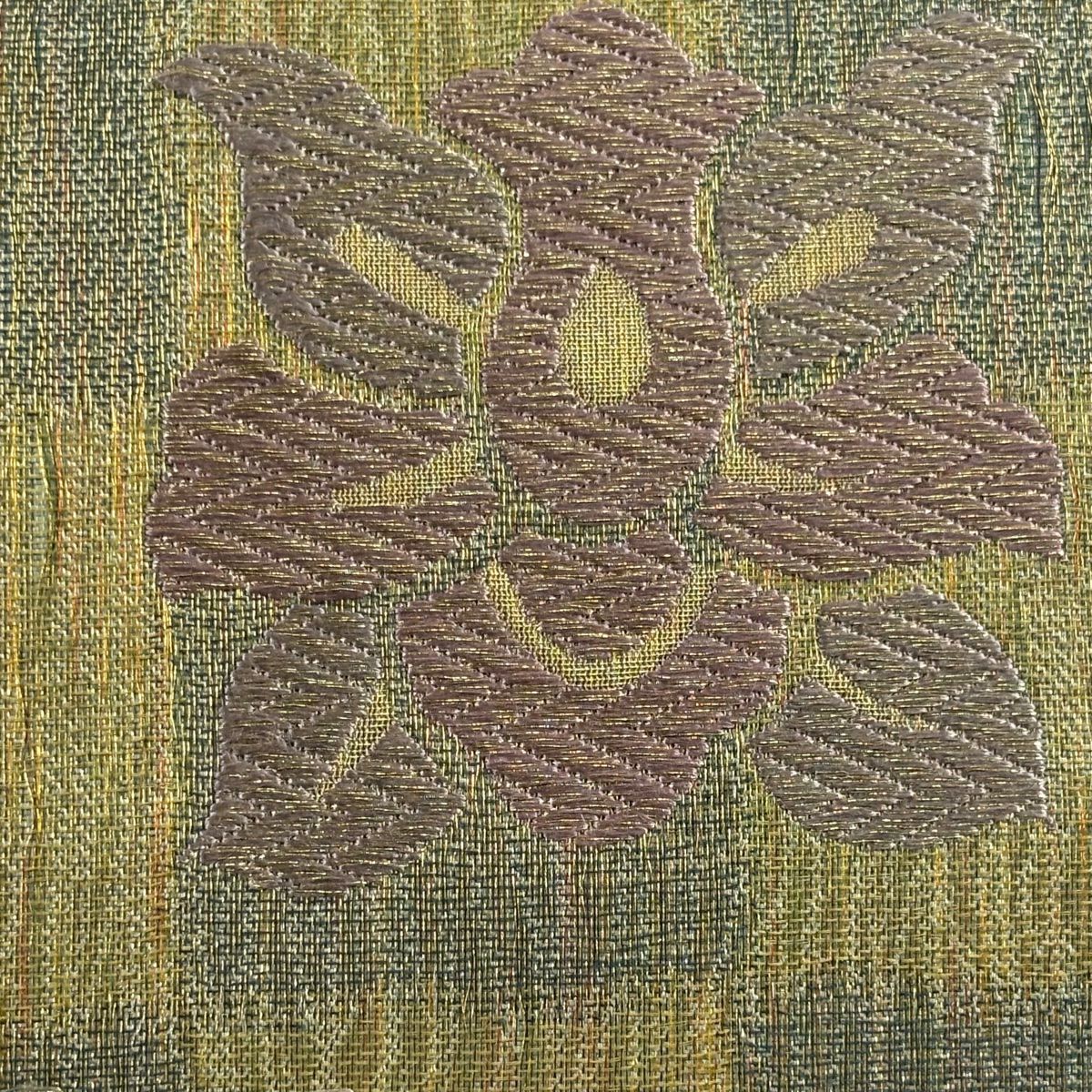 袋帶 美品 秀品級 市松樹 華紋 唐織 金絲 茶綠 六通 純蠶絲
