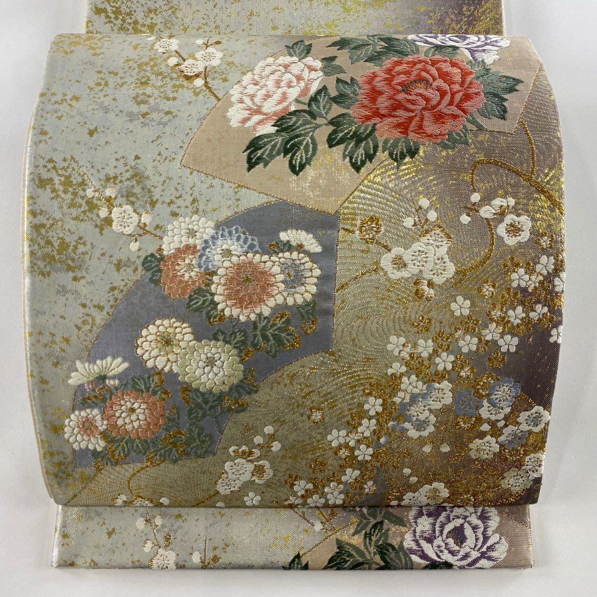 袋帶 美品 秀品級 扇子面 草花紋 金糸 金金箔 銀色 六通 純蠶絲