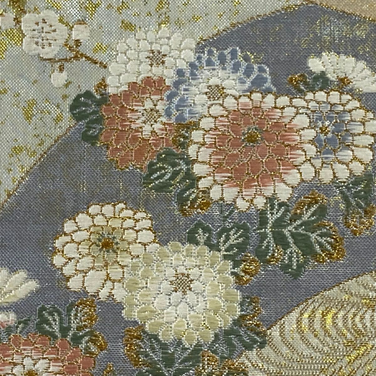 袋帶 美品 秀品級 扇子面 草花紋 金糸 金金箔 銀色 六通 純蠶絲