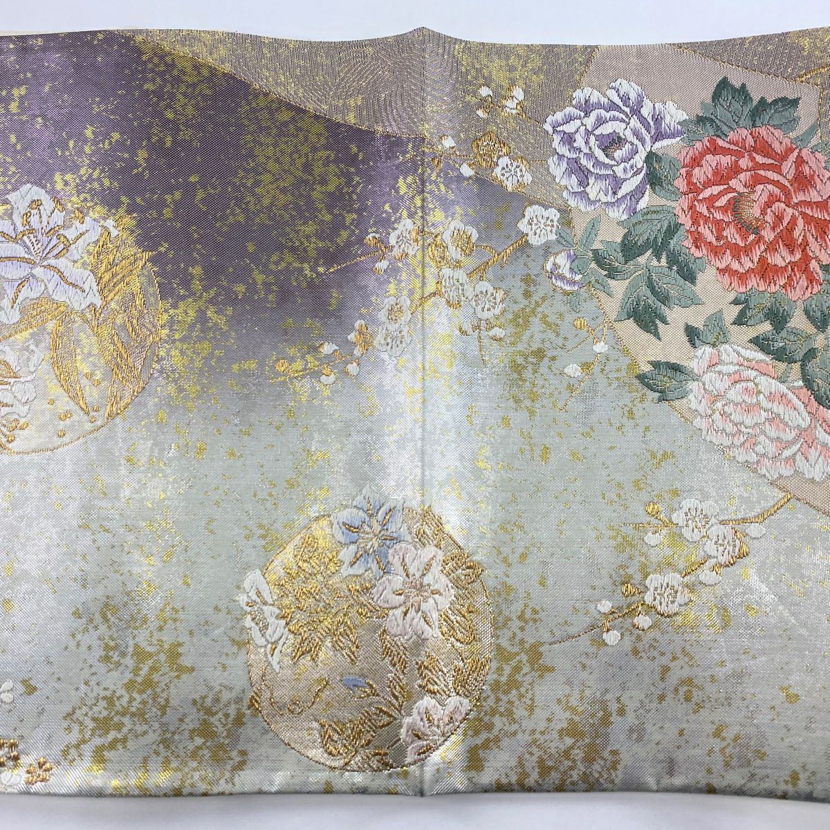 袋帶 美品 秀品級 扇子面 草花紋 金糸 金金箔 銀色 六通 純蠶絲