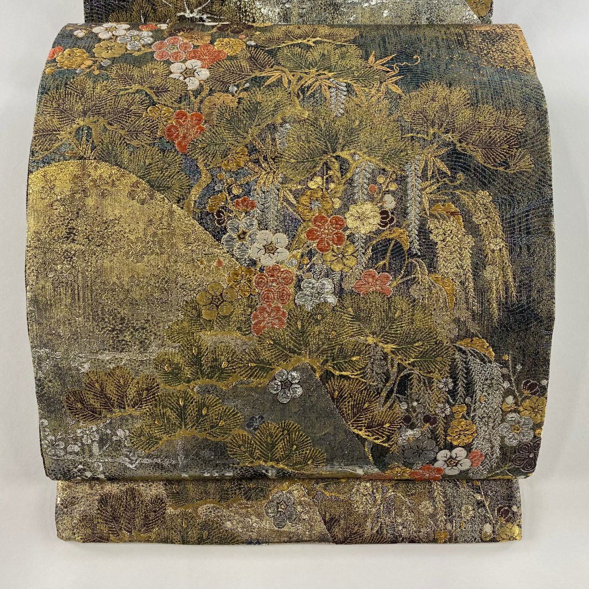 袋帶 美品 秀品級 松樹竹子梅花 山並 金銀線 金金箔 青綠 六通 純蠶絲