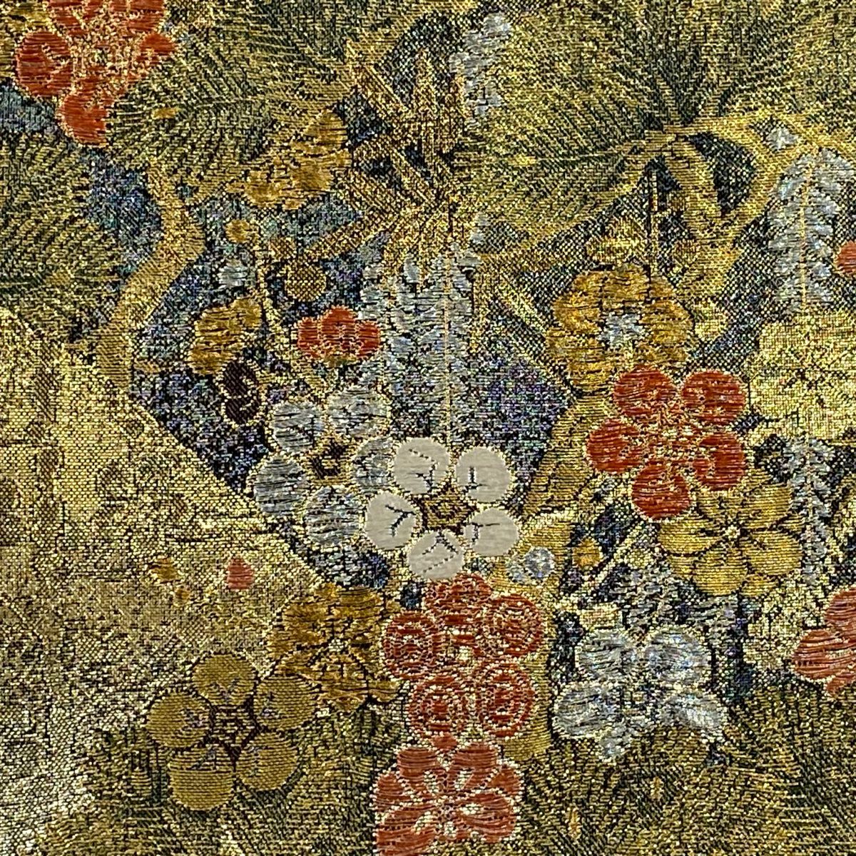 袋帶 美品 秀品級 松樹竹子梅花 山並 金銀線 金金箔 青綠 六通 純蠶絲