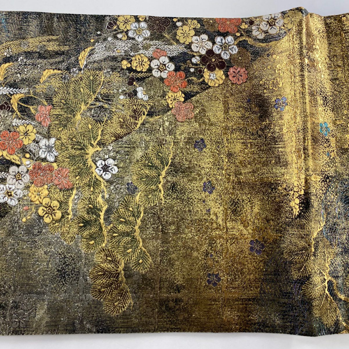 袋帶 美品 秀品級 松樹竹子梅花 山並 金銀線 金金箔 青綠 六通 純蠶絲