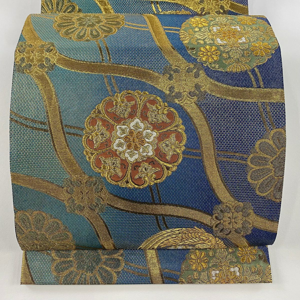 袋帶 美品 秀品級 華紋 立涌 金絲 金金箔 青綠 六通 純蠶絲