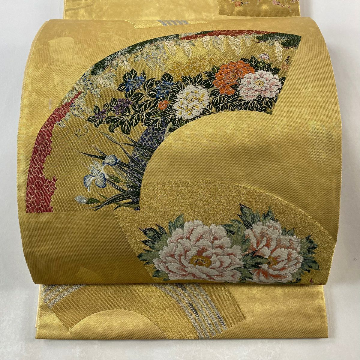 袋帶 美品 秀品級 扇子面 草花紋 金絲 金金箔 金色 大鼓圖案 純蠶絲