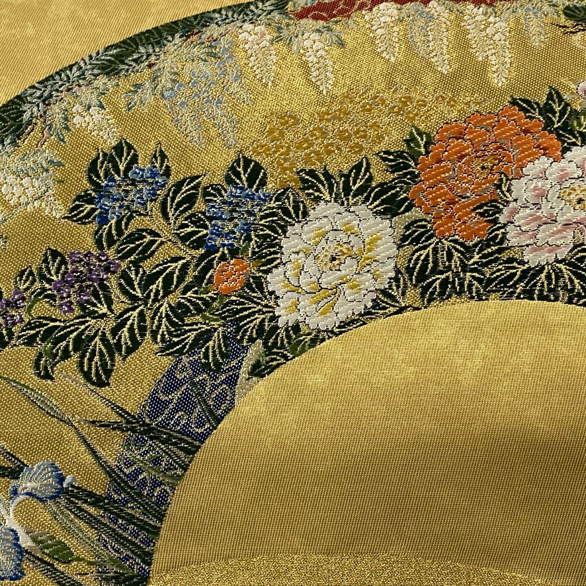 袋帶 美品 秀品級 扇子面 草花紋 金絲 金金箔 金色 大鼓圖案 純蠶絲
