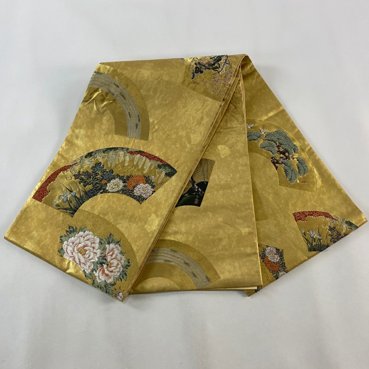 袋帶 美品 秀品級 扇子面 草花紋 金絲 金金箔 金色 大鼓圖案 純蠶絲