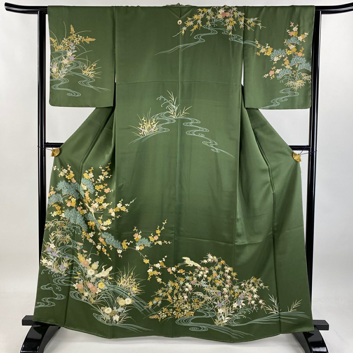 訪問服 身長164.5cm 袖長64cm M 雙層 千總 落款あり 松樹竹子梅花 仙鶴 刺繡 金彩裝飾 灰綠 純蠶絲 逸品級 一つ紋