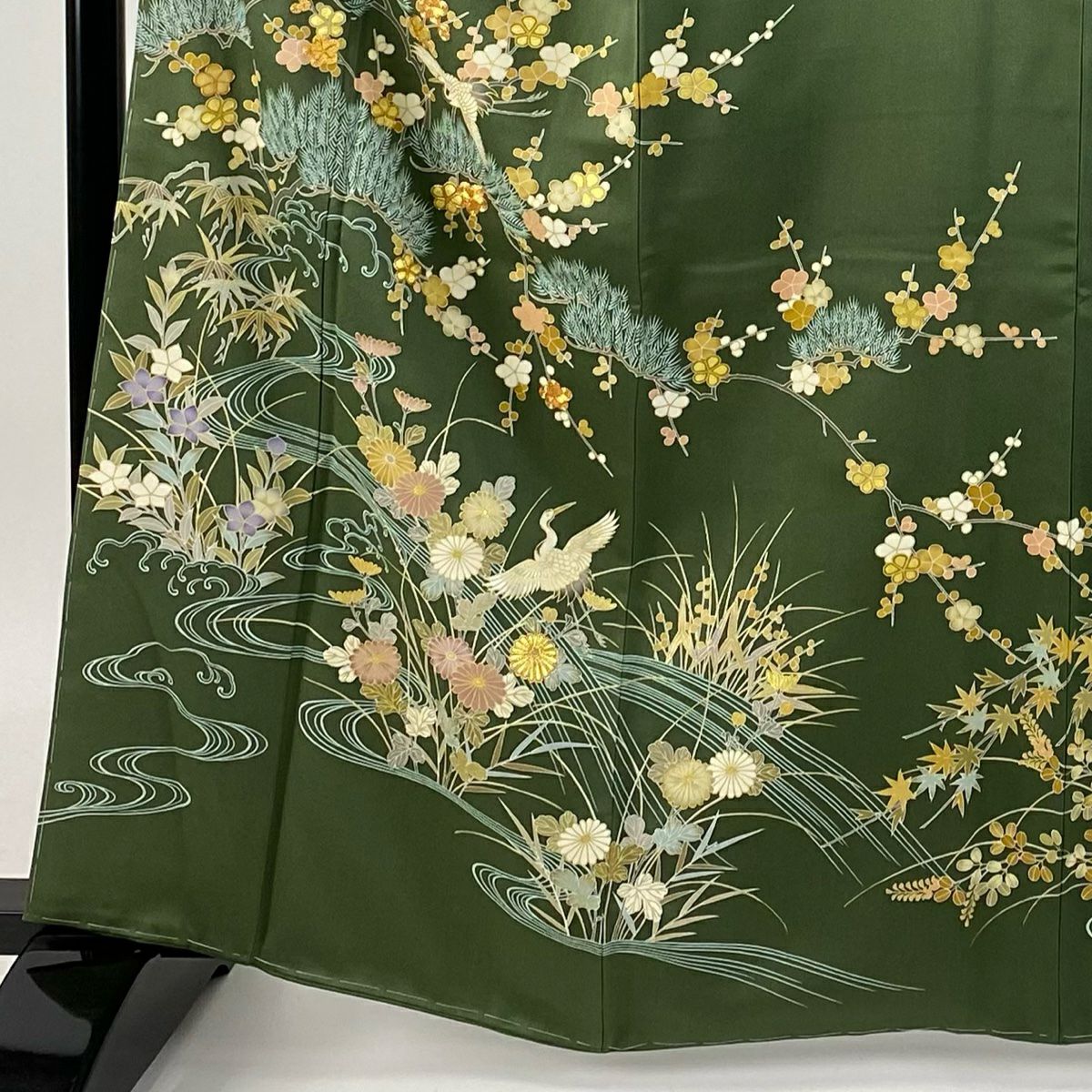訪問服 身長164.5cm 袖長64cm M 雙層 千總 落款あり 松樹竹子梅花 仙鶴 刺繡 金彩裝飾 灰綠 純蠶絲 逸品級 一つ紋
