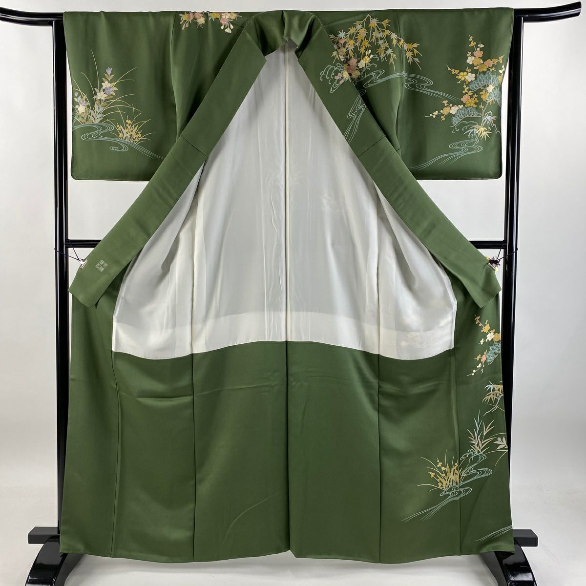 訪問服 身長164.5cm 袖長64cm M 雙層 千總 落款あり 松樹竹子梅花 仙鶴 刺繡 金彩裝飾 灰綠 純蠶絲 逸品級 一つ紋