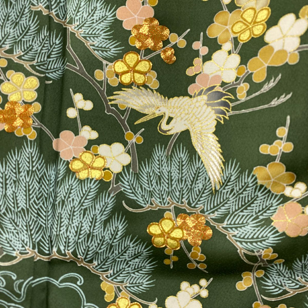 訪問服 身長164.5cm 袖長64cm M 雙層 千總 落款あり 松樹竹子梅花 仙鶴 刺繡 金彩裝飾 灰綠 純蠶絲 逸品級 一つ紋