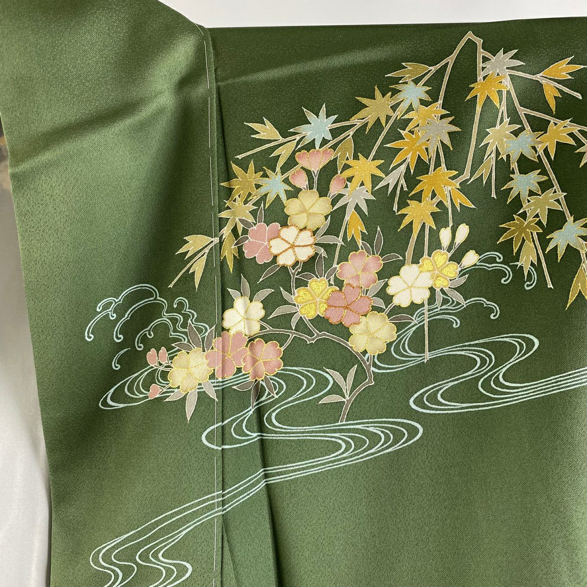 訪問服 身長164.5cm 袖長64cm M 雙層 千總 落款あり 松樹竹子梅花 仙鶴 刺繡 金彩裝飾 灰綠 純蠶絲 逸品級 一つ紋