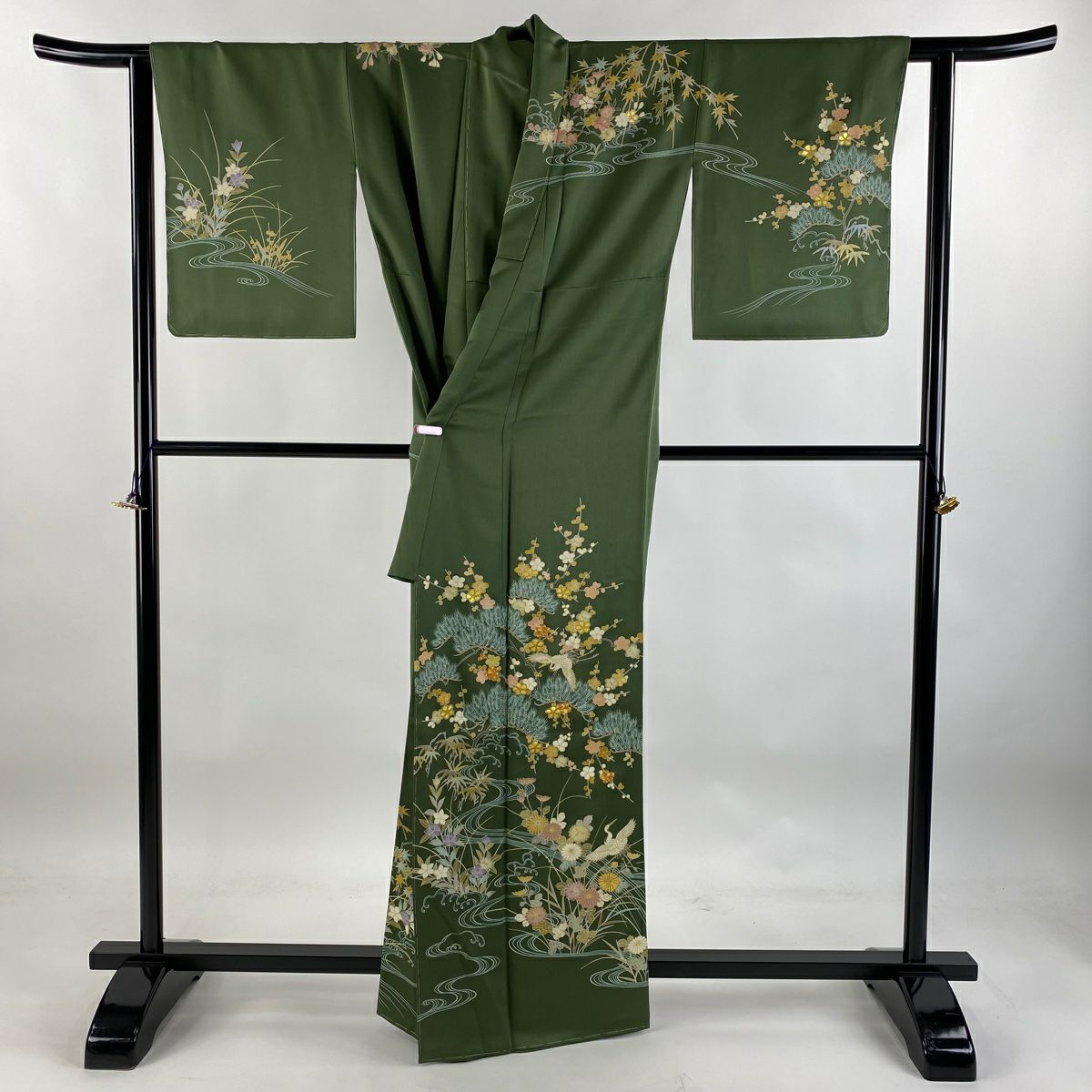 訪問服 身長164.5cm 袖長64cm M 雙層 千總 落款あり 松樹竹子梅花 仙鶴 刺繡 金彩裝飾 灰綠 純蠶絲 逸品級 一つ紋