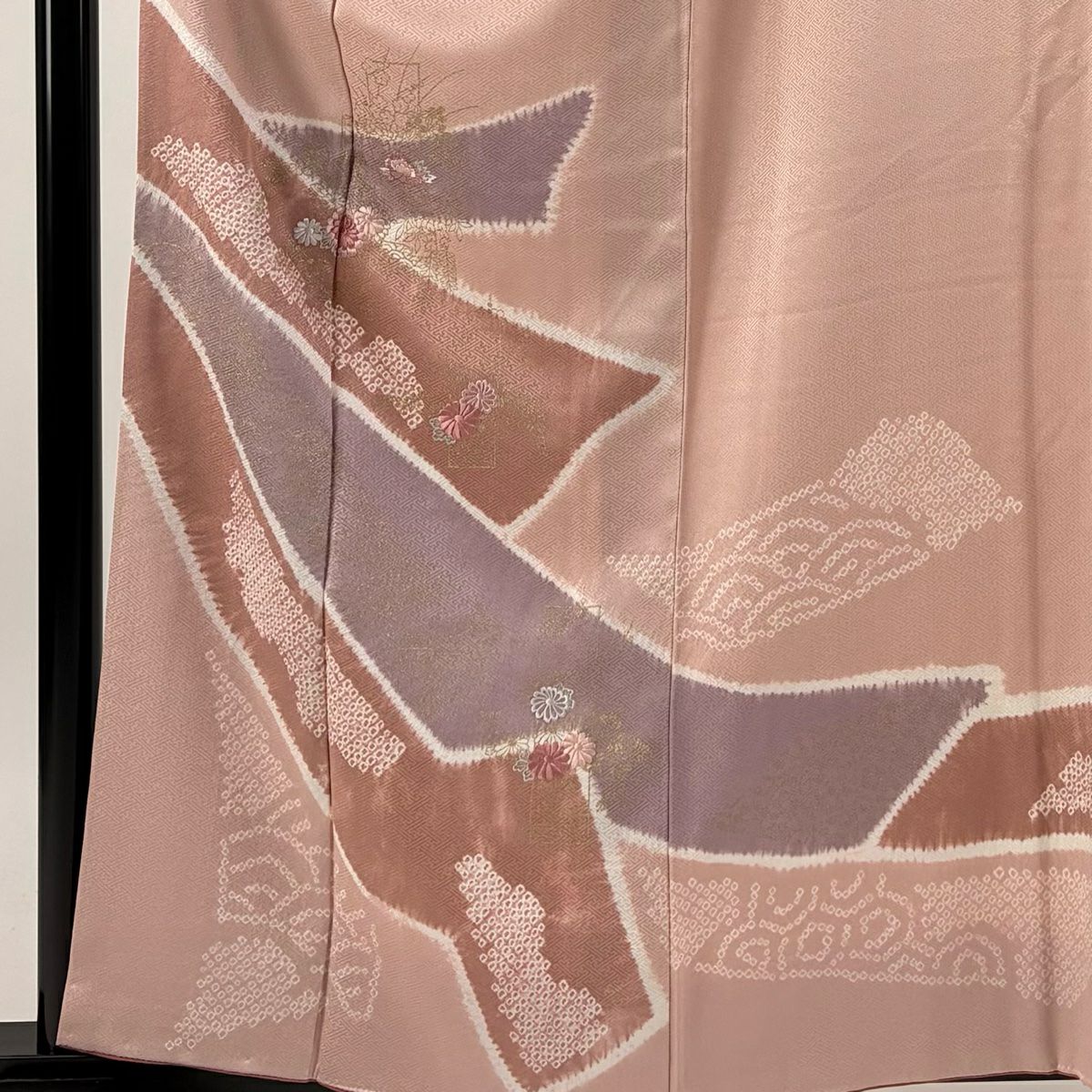 訪問服 身長160cm 袖長65cm M 雙層 熨斗紋 草花紋紋 刺繡 金彩裝飾 粉紅 純蠶絲 優品級