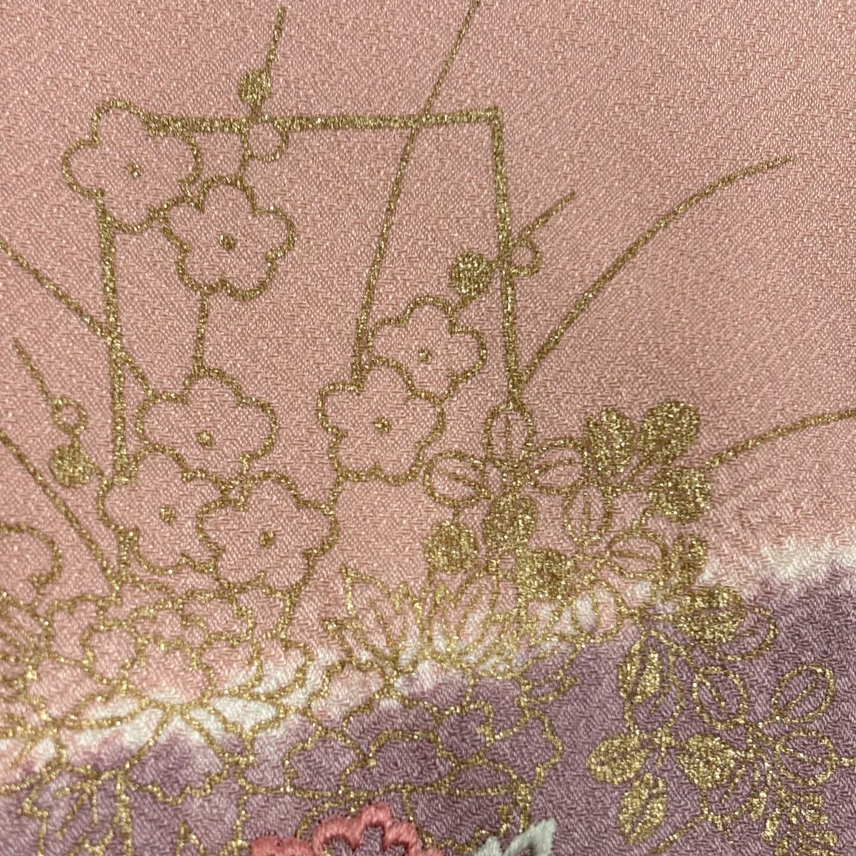 訪問服 身長160cm 袖長65cm M 雙層 熨斗紋 草花紋紋 刺繡 金彩裝飾 粉紅 純蠶絲 優品級