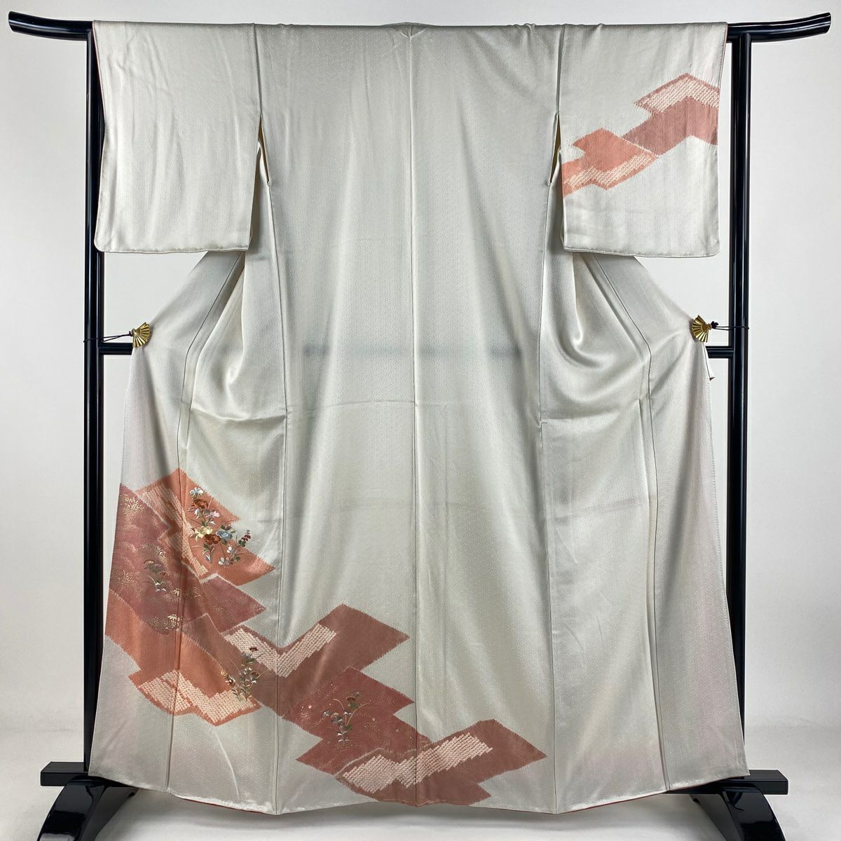 付下 身長161.5cm 袖長63.5cm S 雙層 草花紋紋 片輪車刺繡 絞染 灰白 純蠶絲 美品 優品級