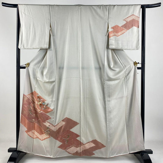 付下 身長161.5cm 袖長63.5cm S 雙層 草花紋紋 片輪車刺繡 絞染 灰白 純蠶絲 美品 優品級