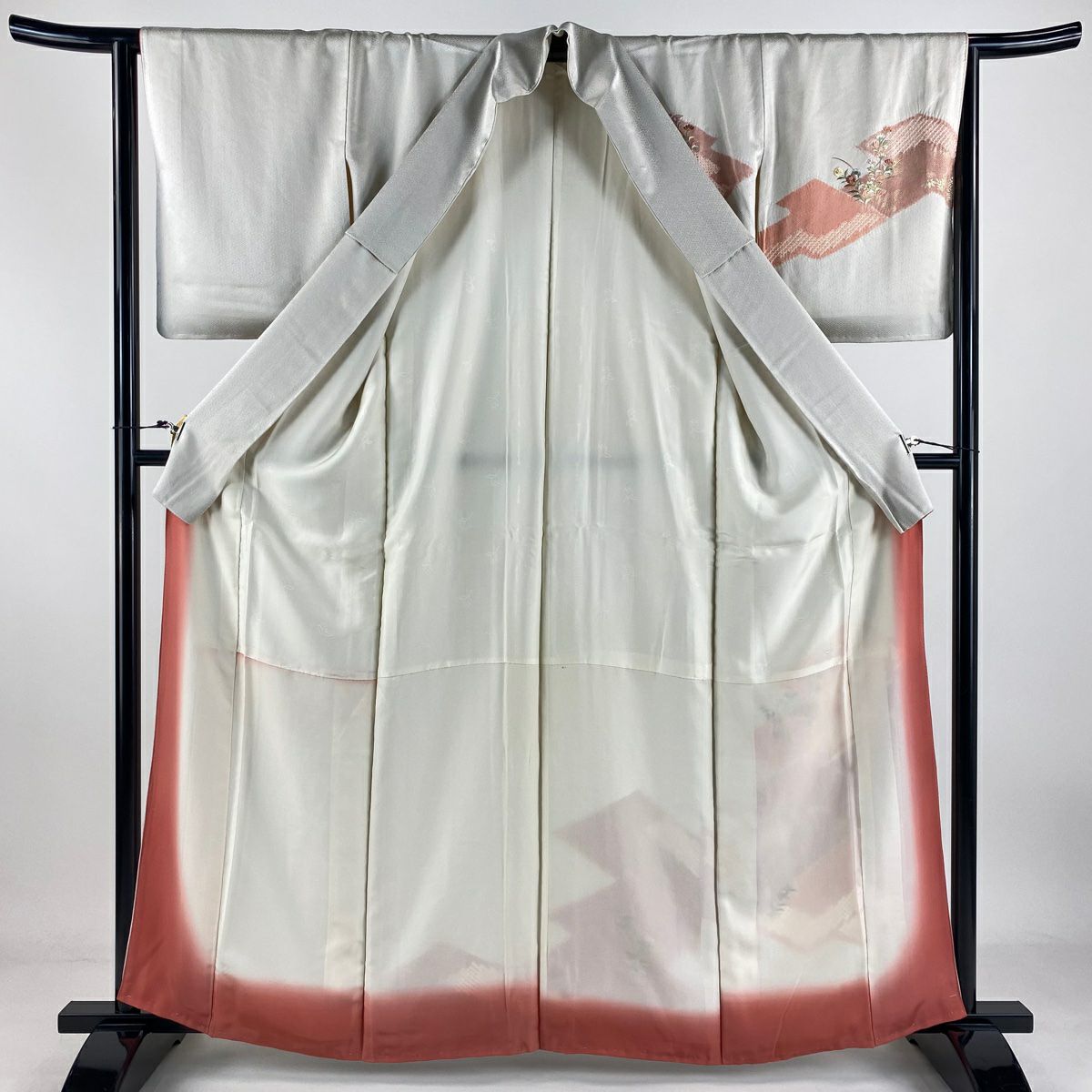 付下 身長161.5cm 袖長63.5cm S 雙層 草花紋紋 片輪車刺繡 絞染 灰白 純蠶絲 美品 優品級