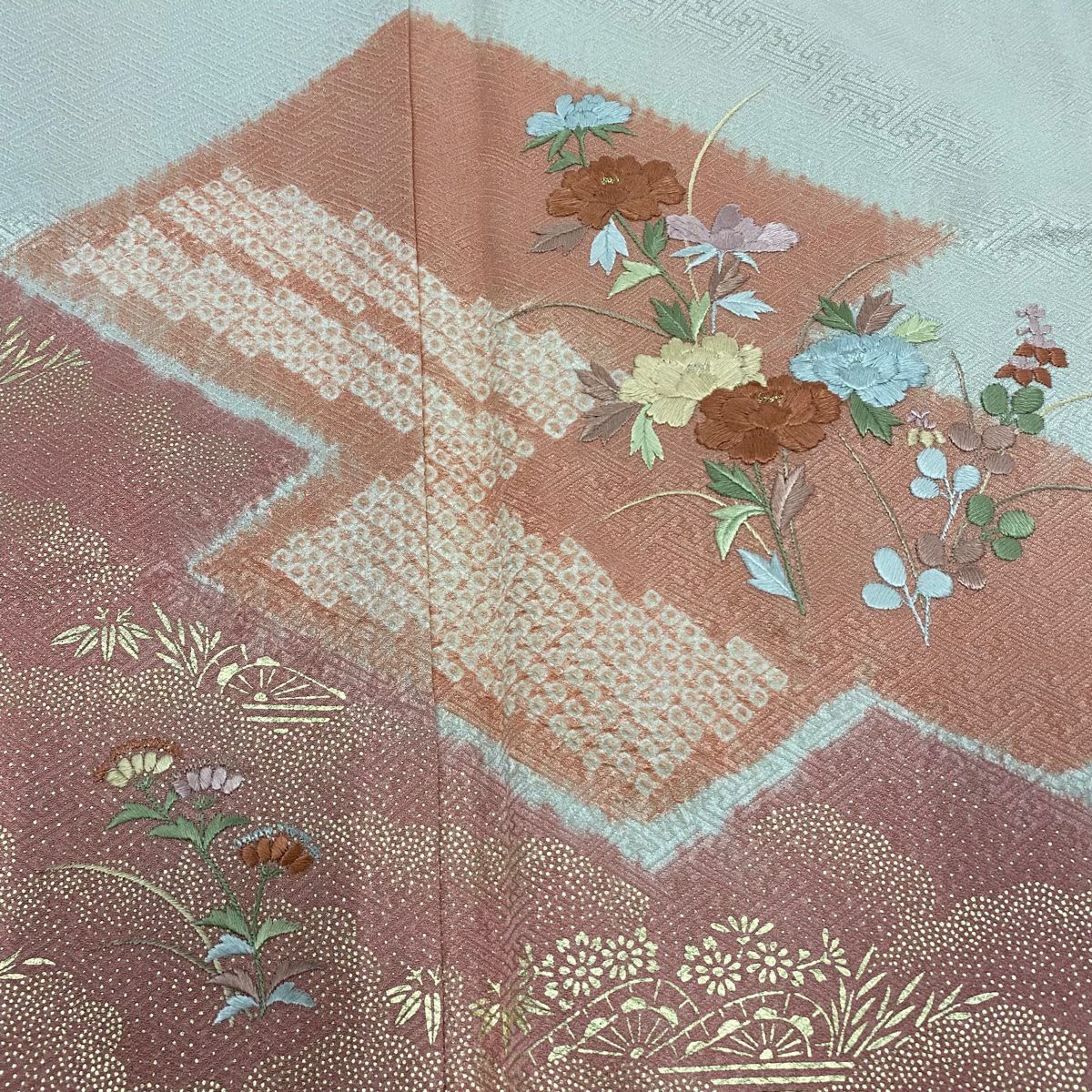 付下 身長161.5cm 袖長63.5cm S 雙層 草花紋紋 片輪車刺繡 絞染 灰白 純蠶絲 美品 優品級