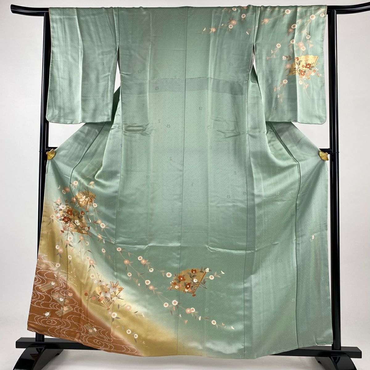 【庫存清倉】訪問服 身長159.5cm 袖長62.5cm S 雙層 吾妻德穗 落款有 扇子子 椿 金絲 金銀彩 淺綠 純蠶絲 名品級