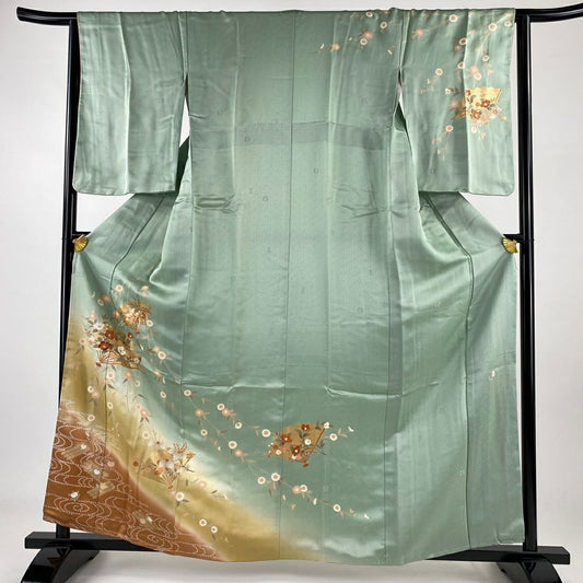 【庫存清倉】訪問服 身長159.5cm 袖長62.5cm S 雙層 吾妻德穗 落款有 扇子子 椿 金絲 金銀彩 淺綠 純蠶絲 名品級