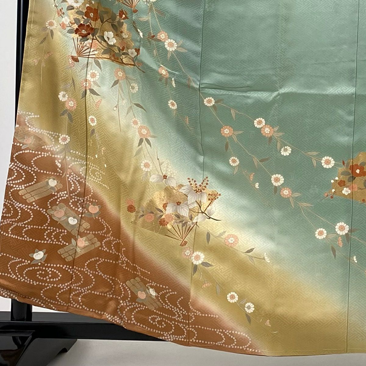 【庫存清倉】訪問服 身長159.5cm 袖長62.5cm S 雙層 吾妻德穗 落款有 扇子子 椿 金絲 金銀彩 淺綠 純蠶絲 名品級