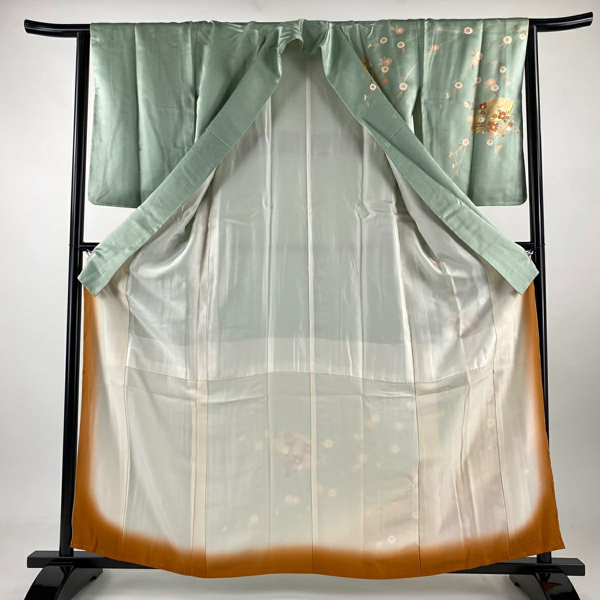 【庫存清倉】訪問服 身長159.5cm 袖長62.5cm S 雙層 吾妻德穗 落款有 扇子子 椿 金絲 金銀彩 淺綠 純蠶絲 名品級