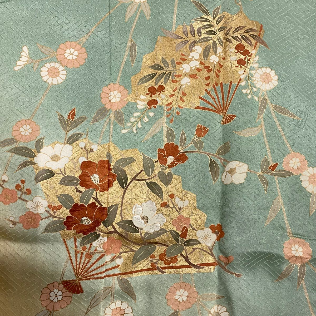 【庫存清倉】訪問服 身長159.5cm 袖長62.5cm S 雙層 吾妻德穗 落款有 扇子子 椿 金絲 金銀彩 淺綠 純蠶絲 名品級