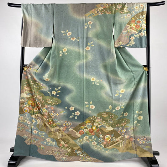 訪問服 身長165.5cm 袖長66.5cm M 雙層 菊花 霞 金絲 金銀彩 淺綠 純蠶絲 名品級