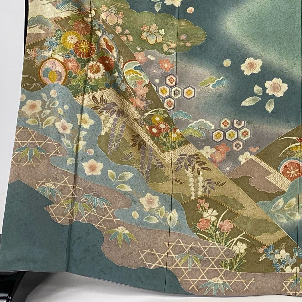 訪問服 身長165.5cm 袖長66.5cm M 雙層 菊花 霞 金絲 金銀彩 淺綠 純蠶絲 名品級