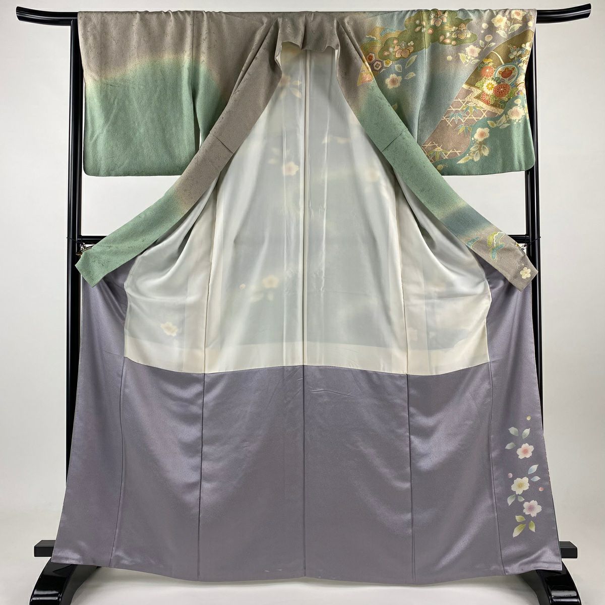 訪問服 身長165.5cm 袖長66.5cm M 雙層 菊花 霞 金絲 金銀彩 淺綠 純蠶絲 名品級