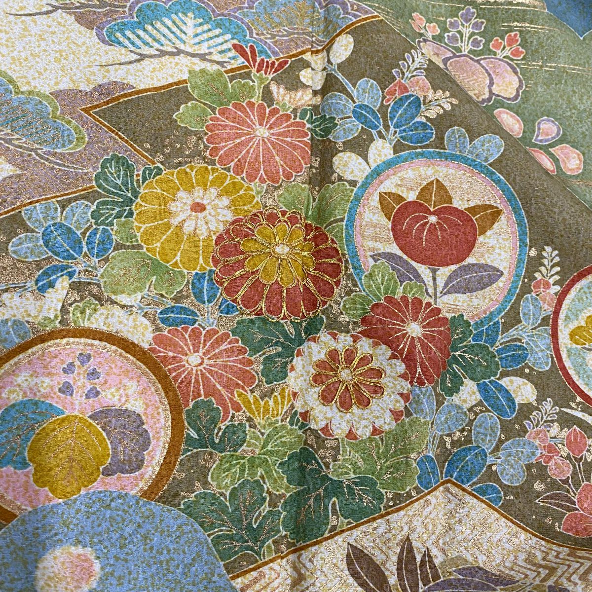 訪問服 身長165.5cm 袖長66.5cm M 雙層 菊花 霞 金絲 金銀彩 淺綠 純蠶絲 名品級