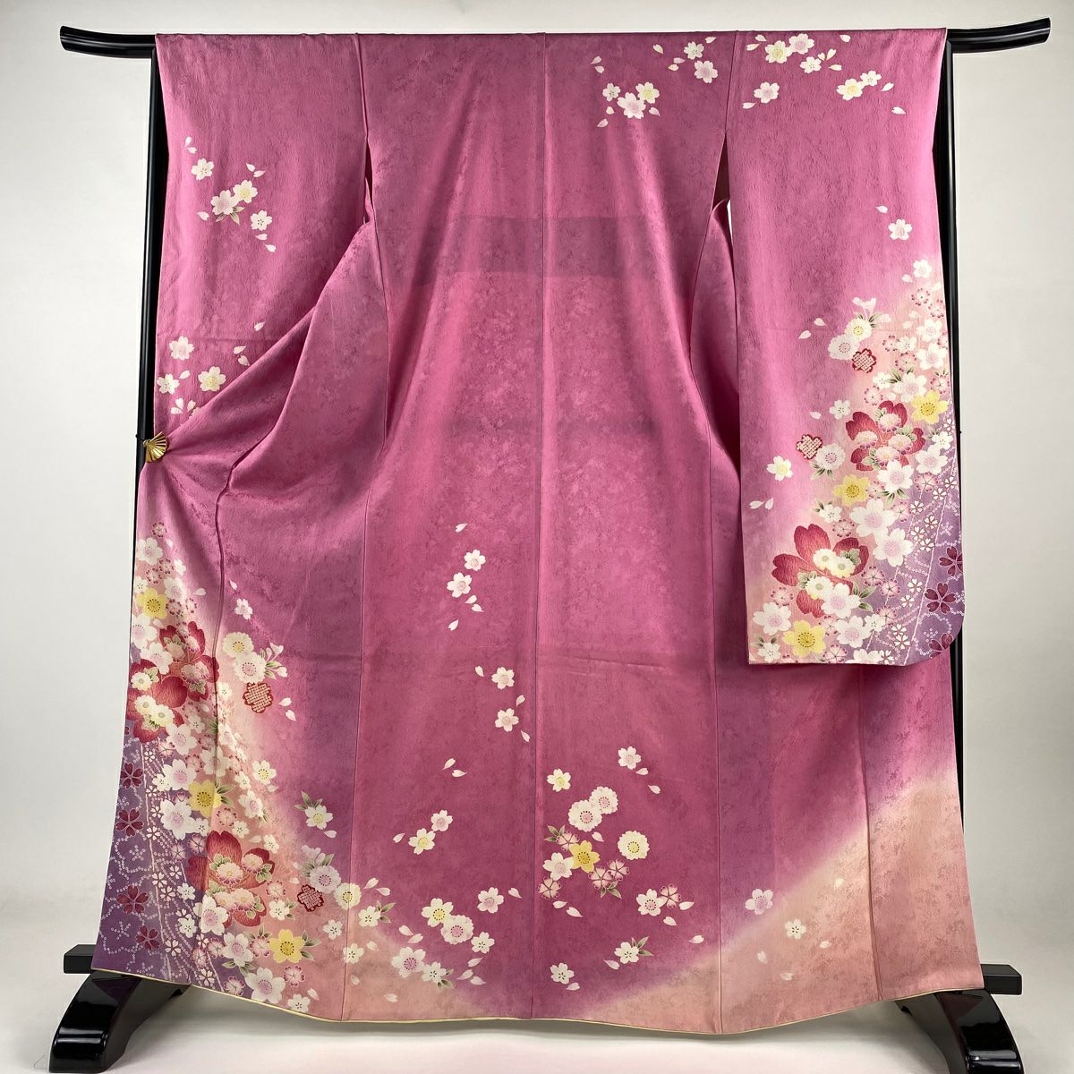 振袖禮服 身長165.5cm 袖長65.5cm M 雙層 櫻花 菊花花 金銀彩 漸層 粉紅 純蠶絲 名品級