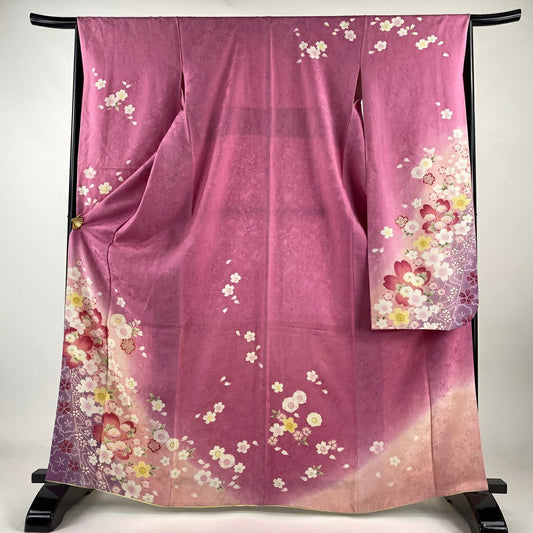 振袖禮服 身長165.5cm 袖長65.5cm M 雙層 櫻花 菊花花 金銀彩 漸層 粉紅 純蠶絲 名品級