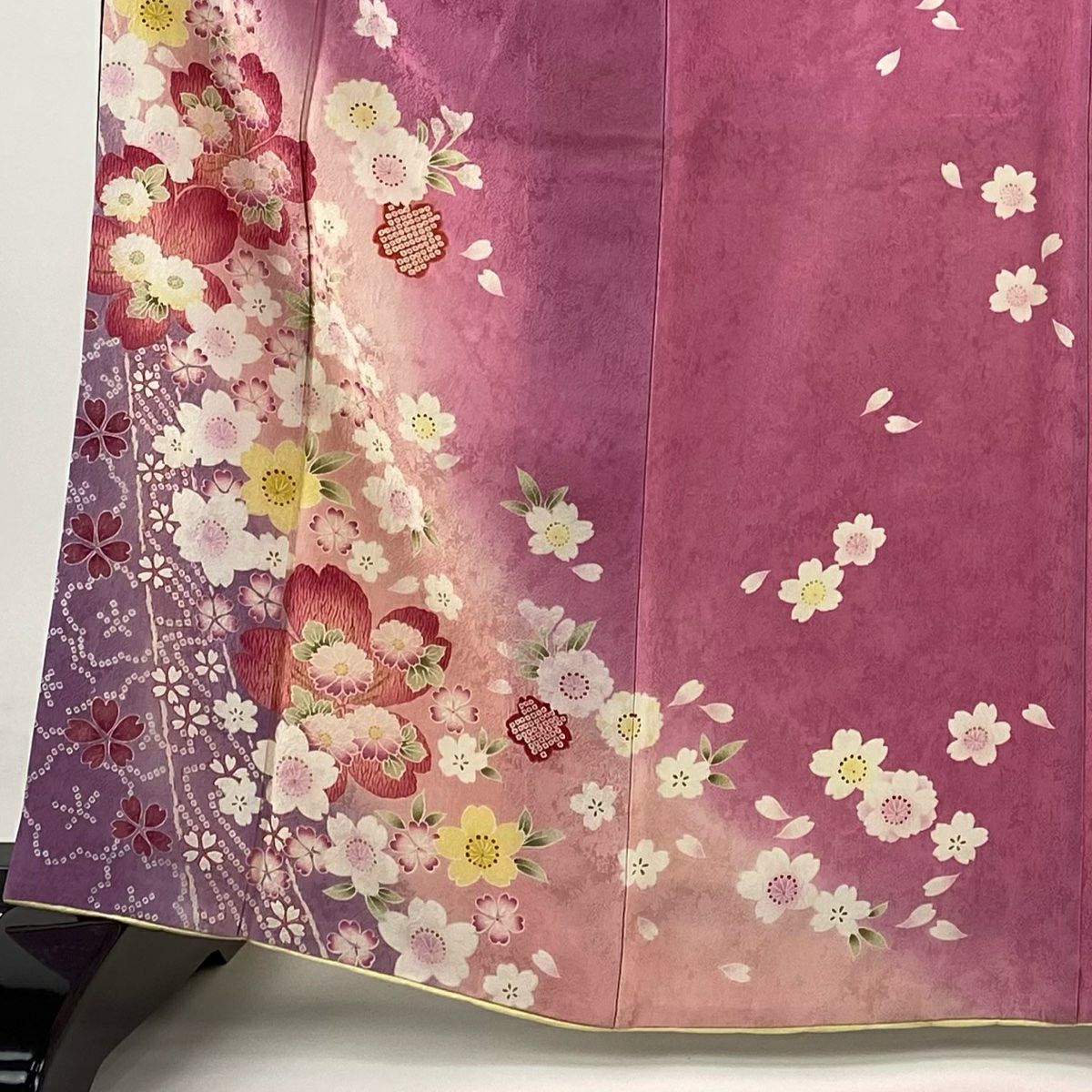 振袖禮服 身長165.5cm 袖長65.5cm M 雙層 櫻花 菊花花 金銀彩 漸層 粉紅 純蠶絲 名品級