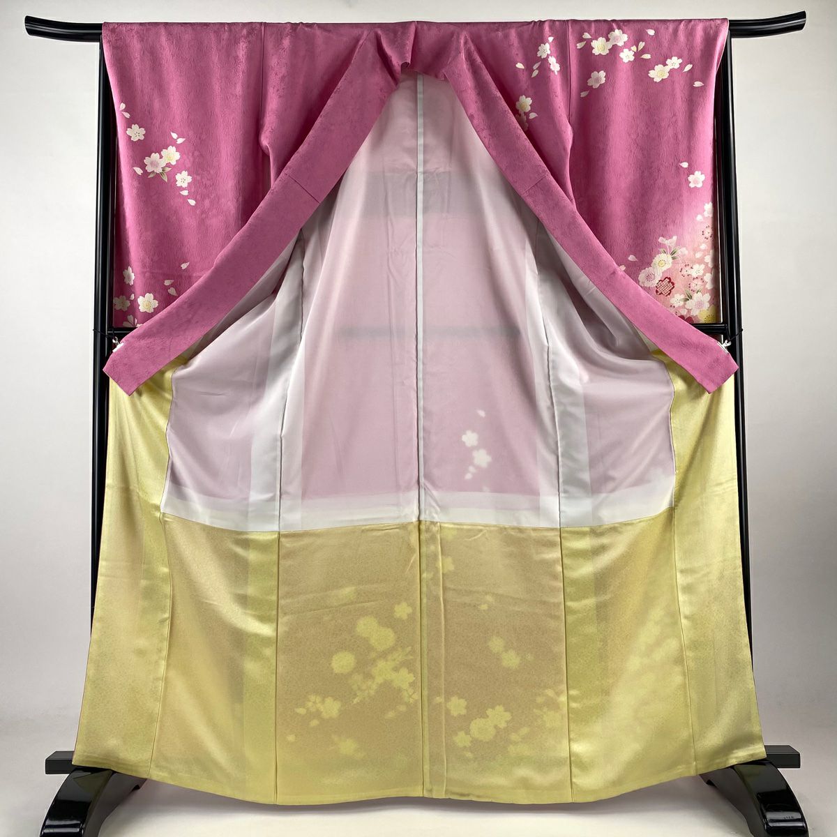 振袖禮服 身長165.5cm 袖長65.5cm M 雙層 櫻花 菊花花 金銀彩 漸層 粉紅 純蠶絲 名品級
