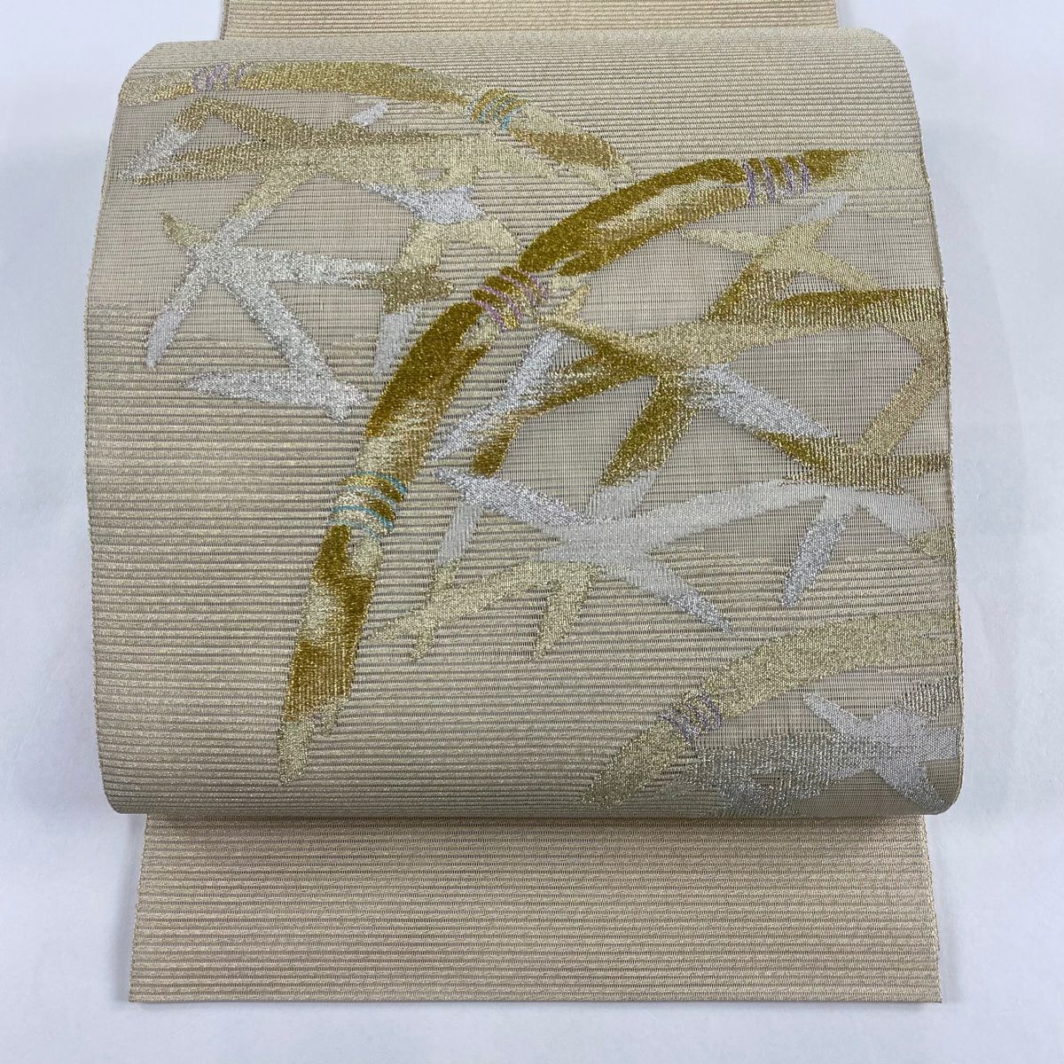 袋帶 美品 名品級 夏帶 絽 間垣 金銀絲 米色 お太鼓圖案 純蠶絲