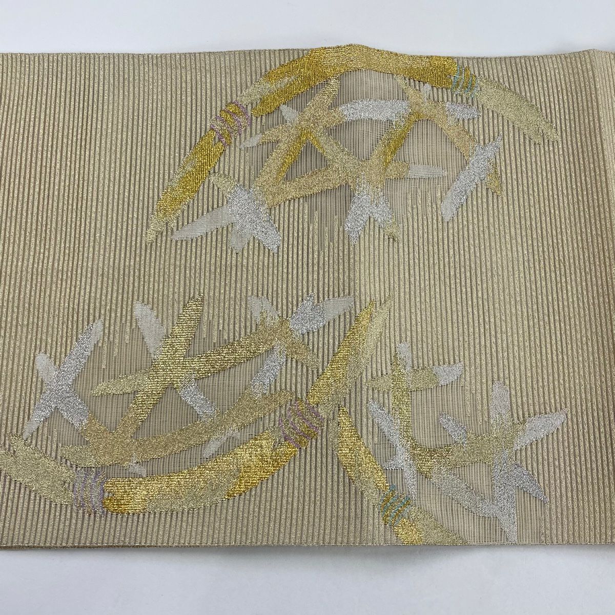 袋帶 美品 名品級 夏帶 絽 間垣 金銀絲 米色 お太鼓圖案 純蠶絲