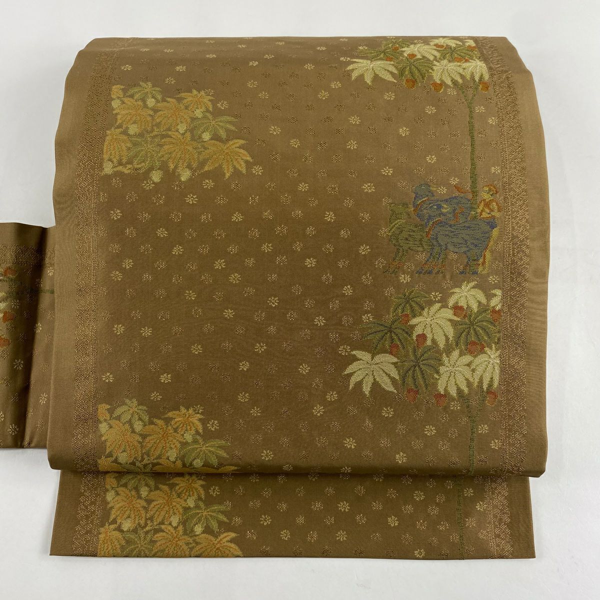 名古屋帶 美品 優品級 有落款 葉柄 山羊 茶 純蠶絲