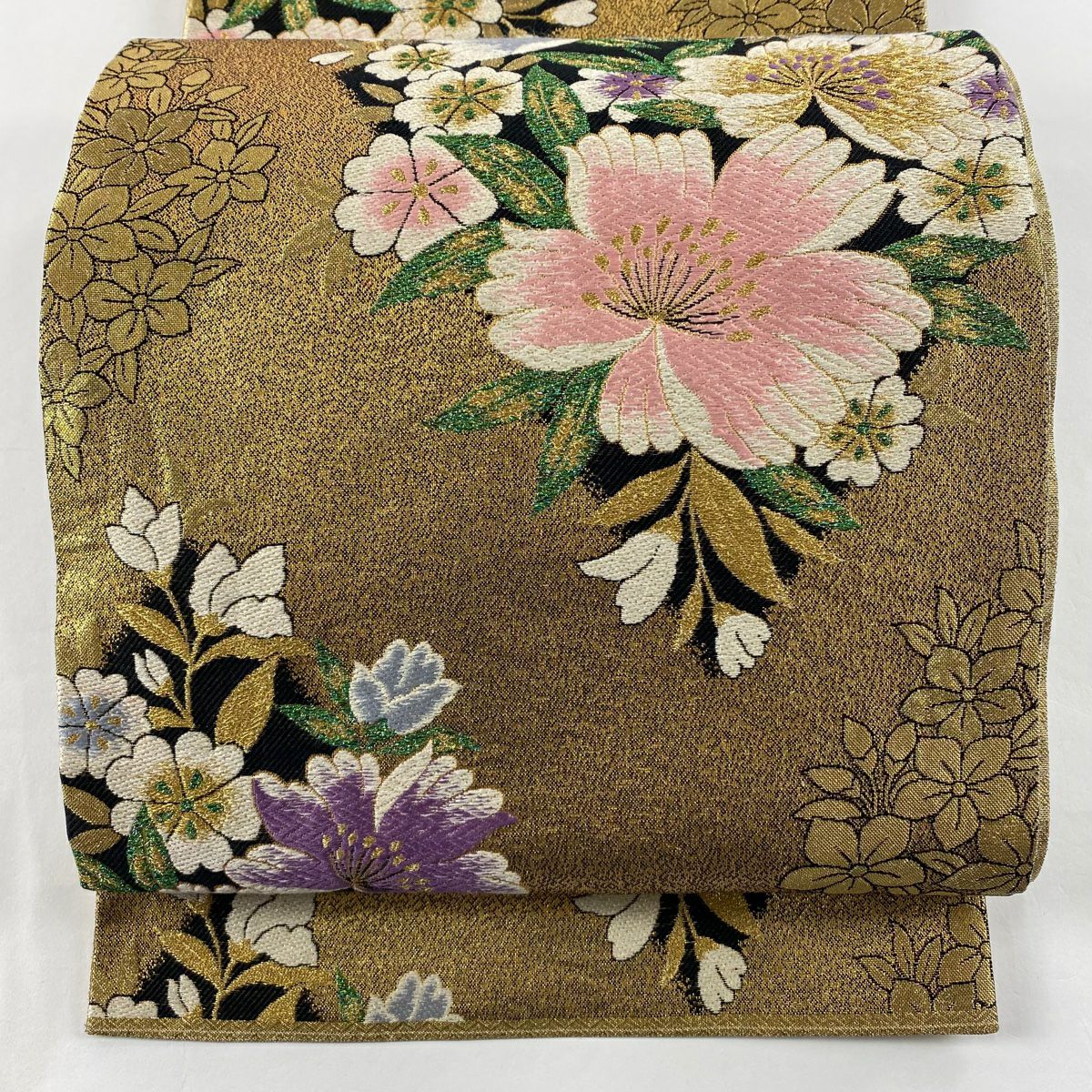 【美品】 袋帶 秀品級 草花紋紋 菱形 金金箔 唐織 金 六通 純蠶絲