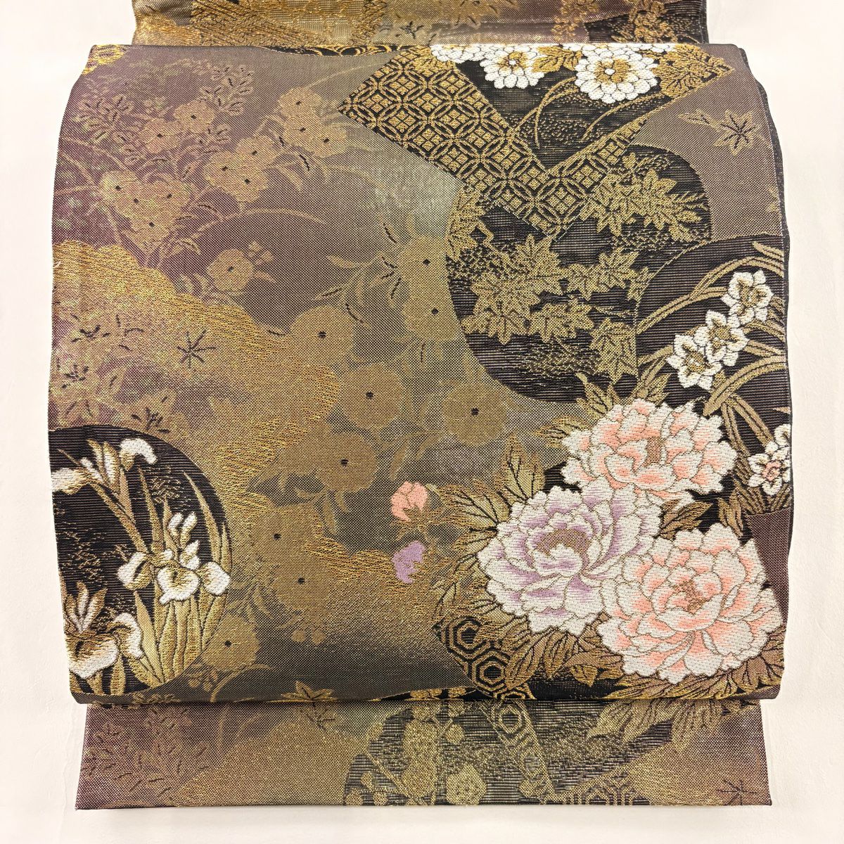 【美品】 袋帶 秀品級 色紙 草花紋 金絲 金金箔 金 六通 純蠶絲