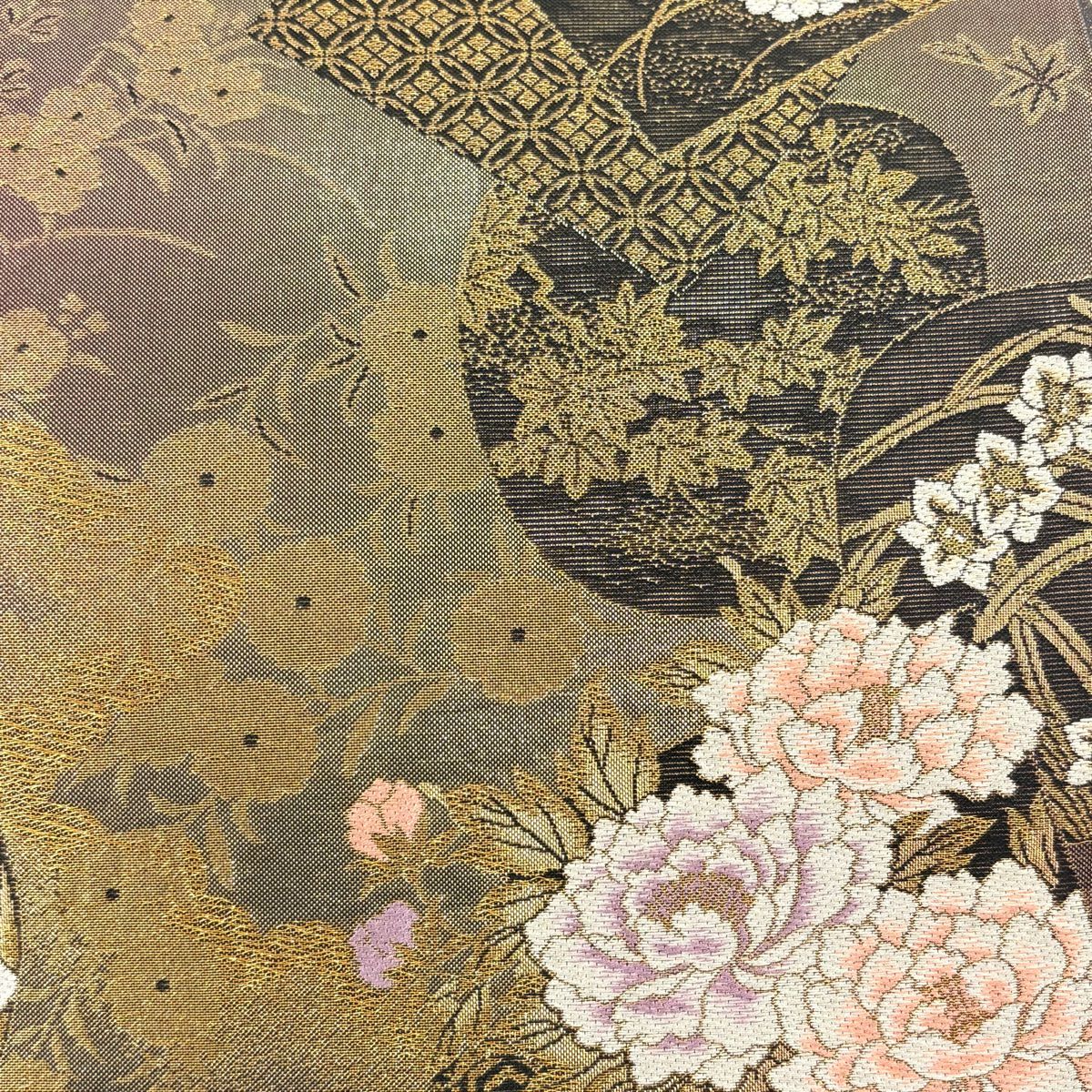 【美品】 袋帶 秀品級 色紙 草花紋 金絲 金金箔 金 六通 純蠶絲