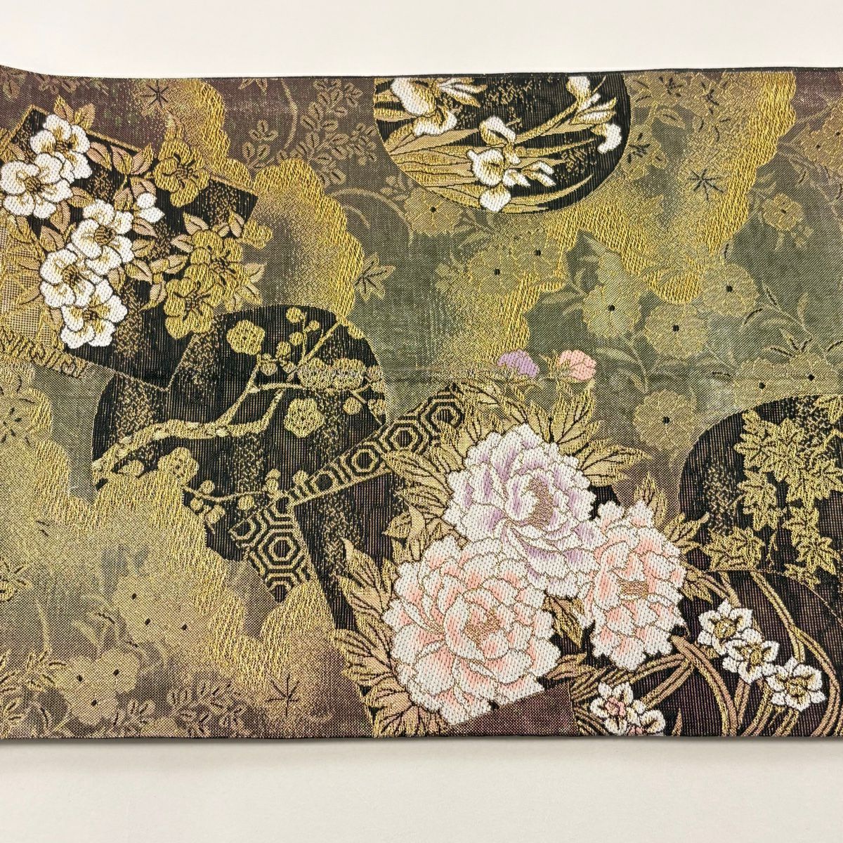 【美品】 袋帶 秀品級 色紙 草花紋 金絲 金金箔 金 六通 純蠶絲