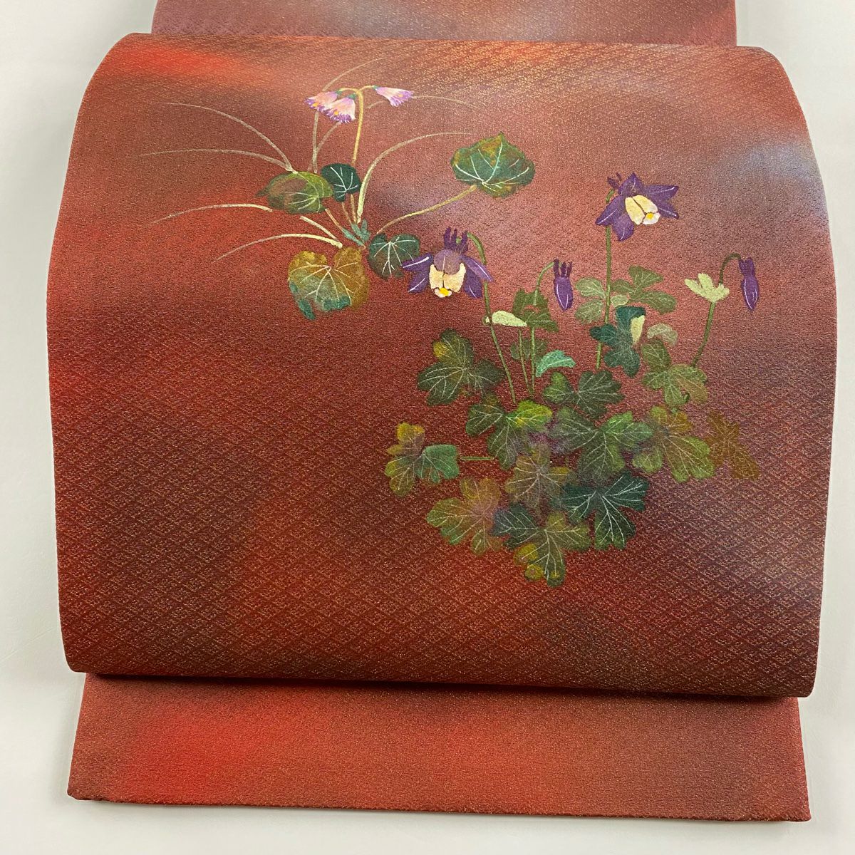 【美品】 袋帶 秀品級 草花紋紋 金絲 紅茶 お太鼓圖案 純蠶絲