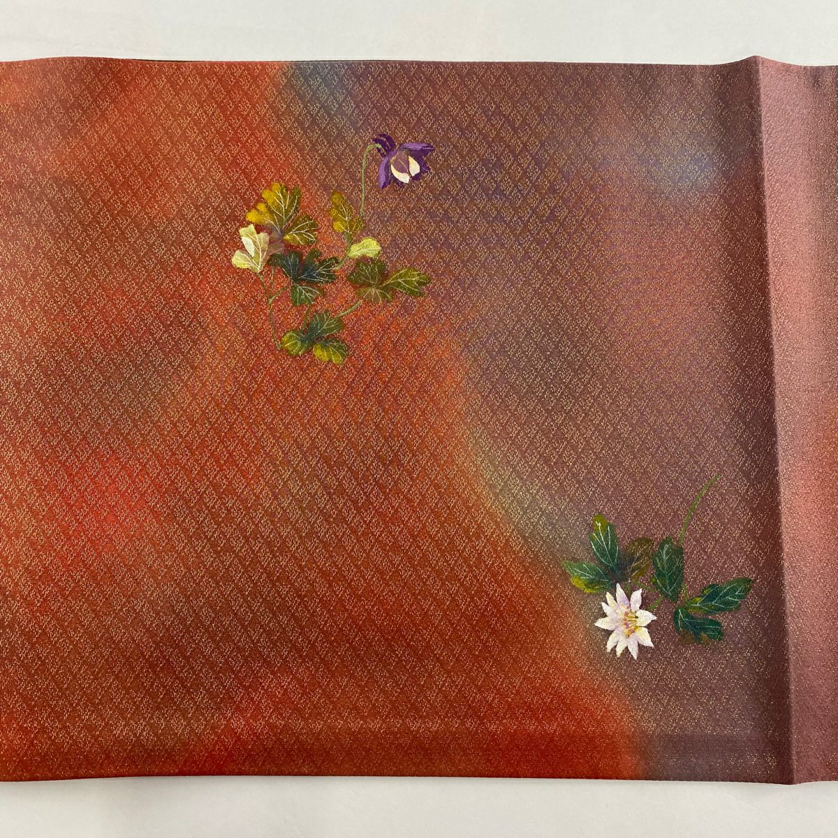 【美品】 袋帶 秀品級 草花紋紋 金絲 紅茶 お太鼓圖案 純蠶絲